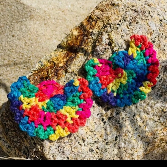 Handmade Crochet Multicolor Dangle Fan Earrings - Picture 2 of 4